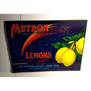 Meteor Brand Lemons Fruit Crate Label Space Age Comet Art Original Vintage 1930s